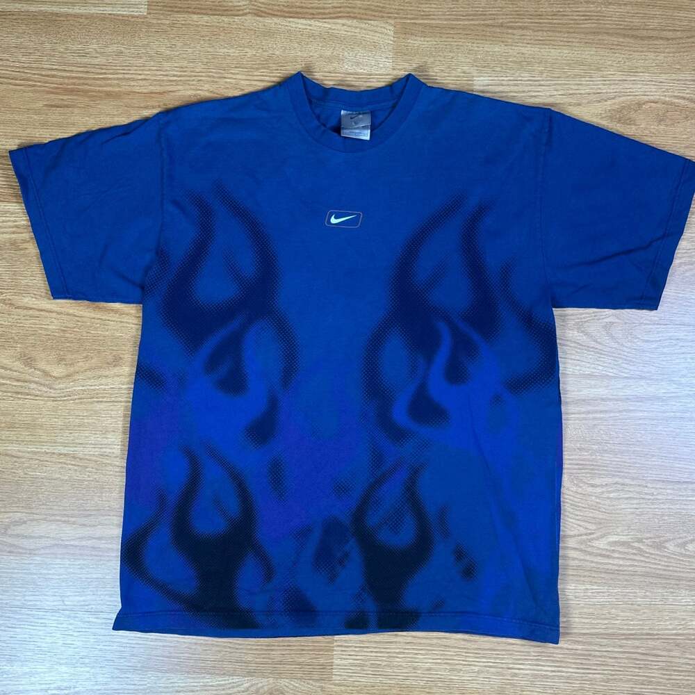 Vintage Y2K Nike Flame Print Graphic T-Shirt Blue Made In USA Size Large